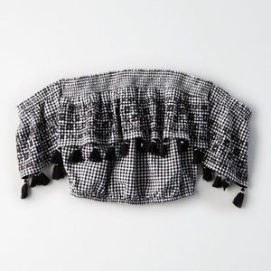 American Eagle Gingham Tassel Off Shoulder CropTop